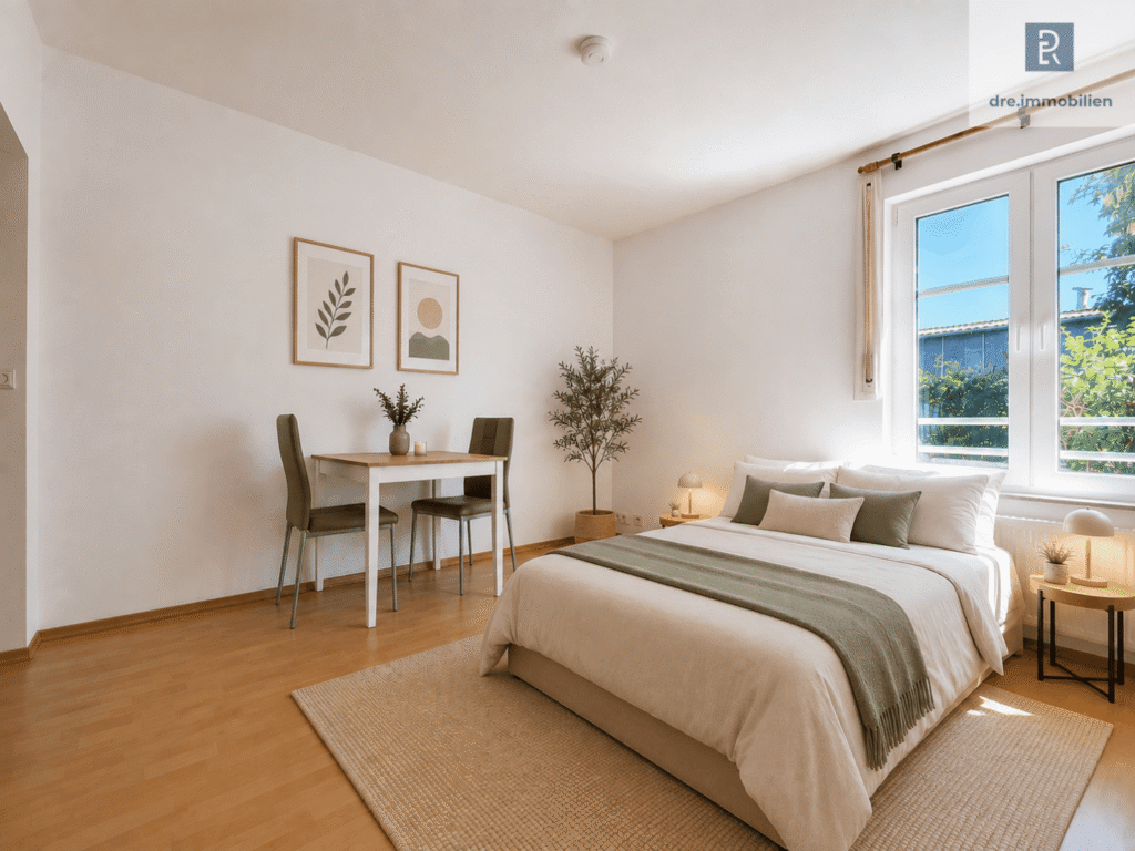Helles Schlafzimmer mit Doppelbett und Essplatz (mit KI eingerichtet)