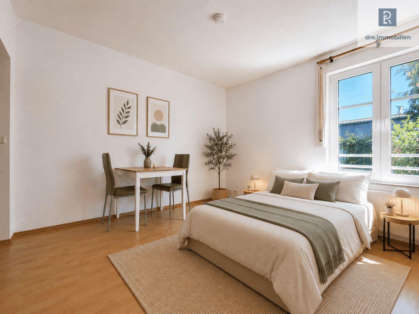 Helles Schlafzimmer mit Doppelbett und Essplatz (mit KI eingerichtet)