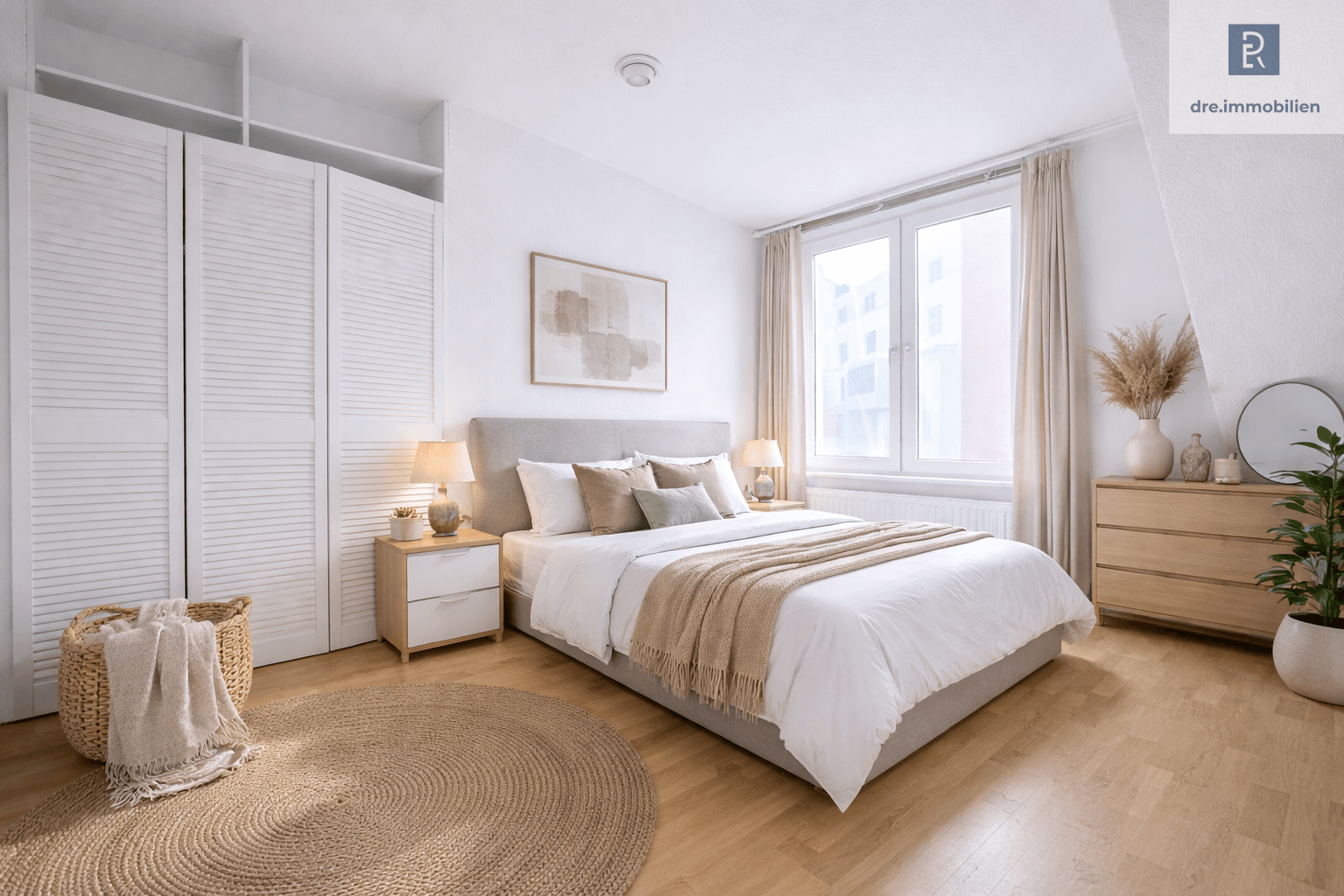 Schlafzimmer (Virtuelles Staging – Einrichtung wurde mithilfe von KI ergänzt)