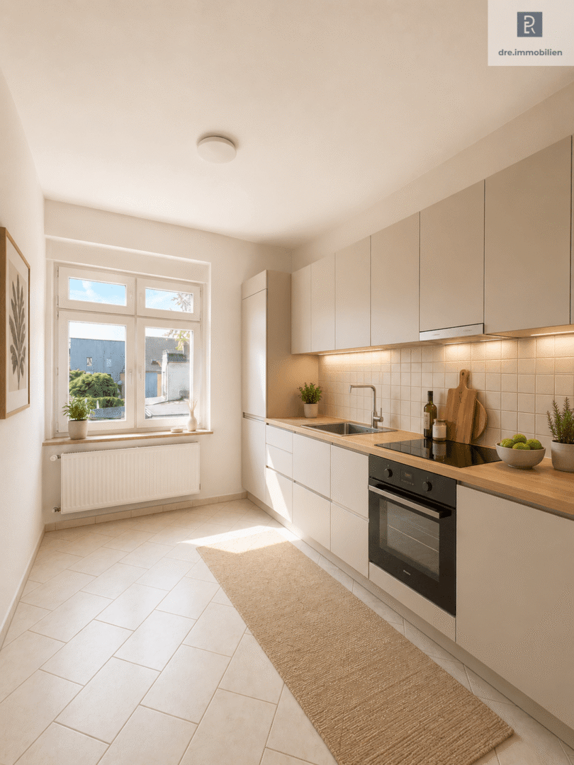 Helle moderne Küche mit Fensterzeile (mit KI gestaged)