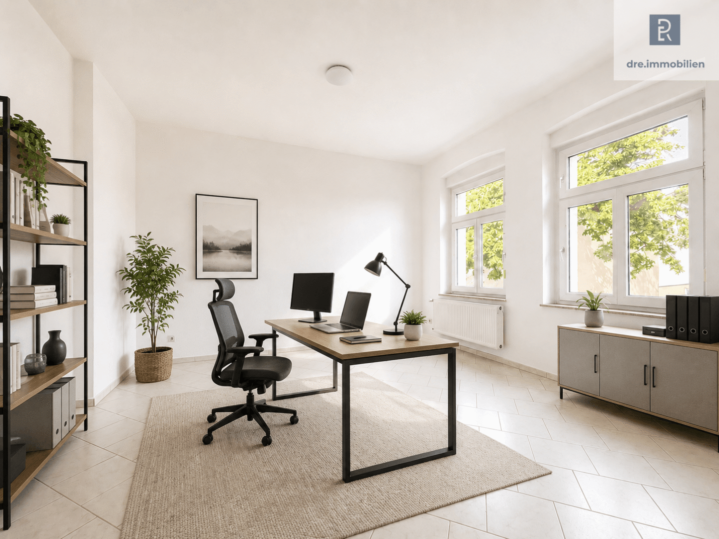 Arbeitszimmer mit Blick nach Draußen (mit KI gestaged)