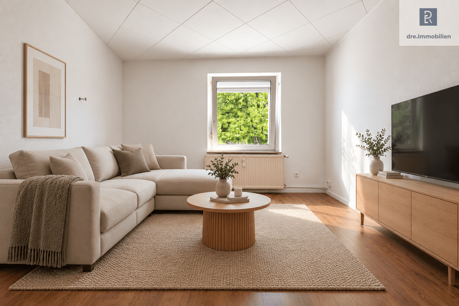 DRE - Sonniger Wohnbereich mit Ecksofa (KI gestaged)