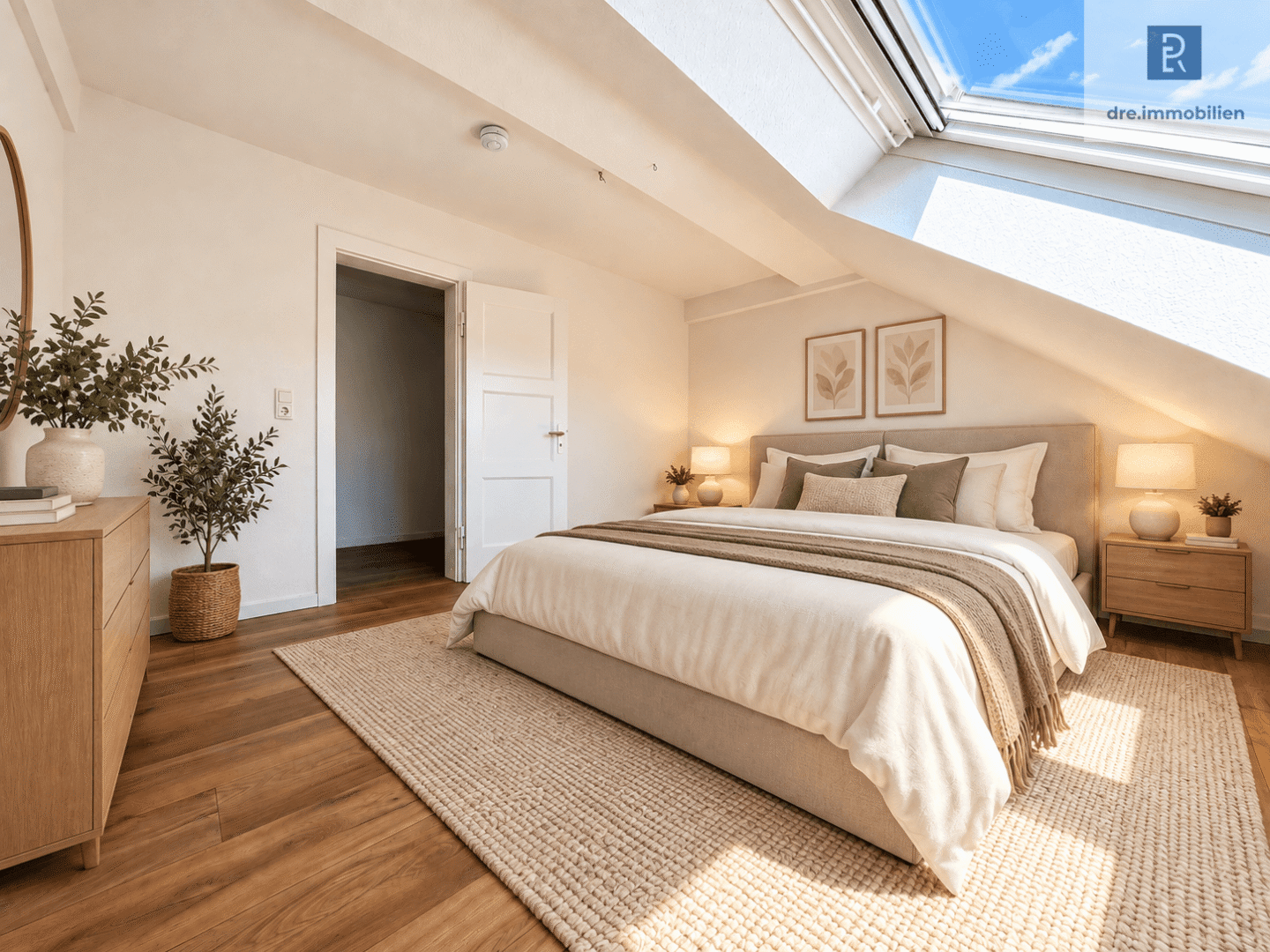 DRE - Helles Schlafzimmer mit Dachfenster (KI gestaged)