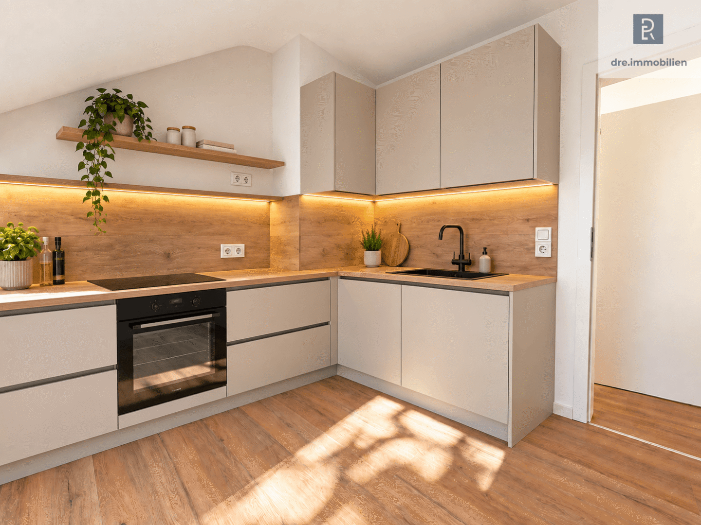 DRE - Moderne Einbauküche in Holzoptik (KI gestaged)